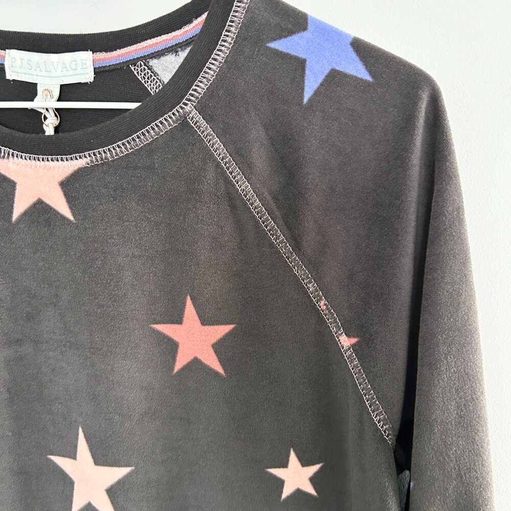 PJ Salvage Silky Velour Star Pajama Top XS Charcoal Gray Soft Luxe Sleep Lounge - Picture 3 of 9
